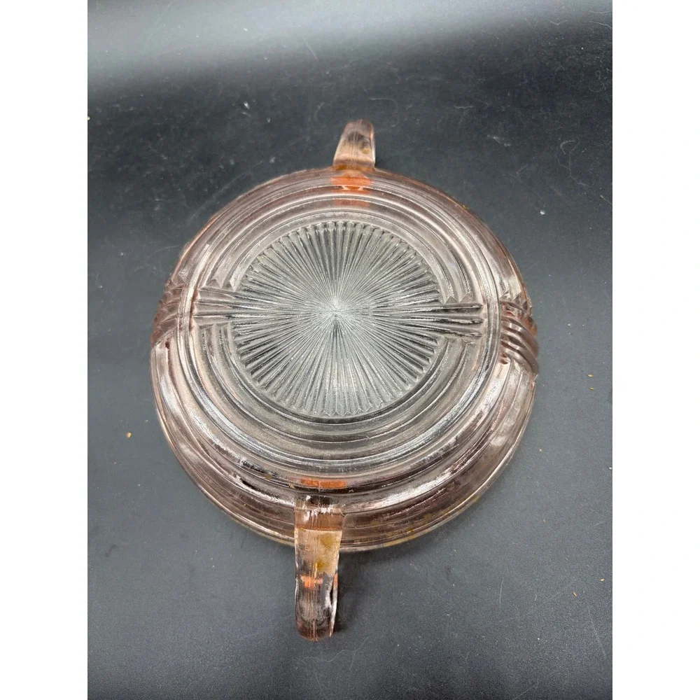 Vintage Pink Depression Glass Ribbed Candy Dish Art Deco Two Handle Nut Bowl‎